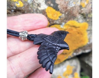 Raven Crow Wings Out Pendant, Hand-Carved from Black Iron Wood
