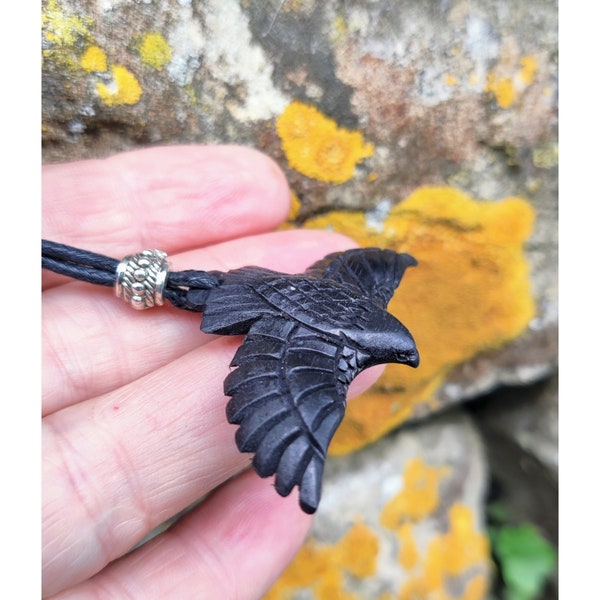 Raven Crow Wings Out Pendant, Hand-Carved from Black Iron Wood