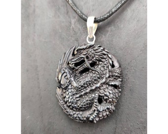 Black Bone Dragon Circle Pendant, Handcarved, Silver Loop