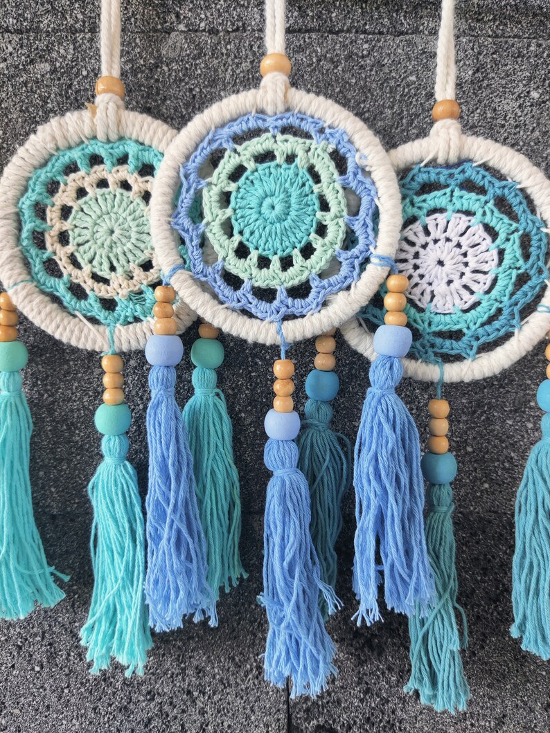 Small Crochet Dreamcatcher, Blue Turquoise Teal, Vegan Dreamcatcher