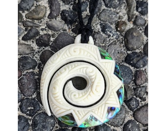 Bone Spiral Pendant, Abalone Shell Inlay, Maori Style Koru Pendant