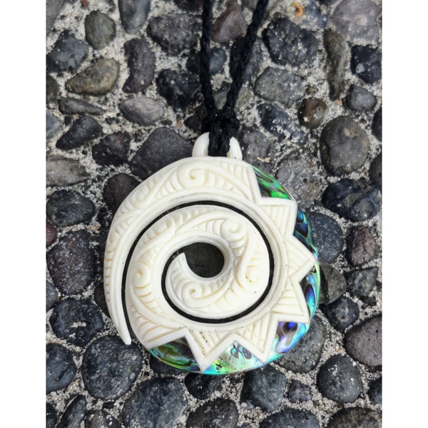 Bone Spiral Pendant, Abalone Shell Inlay, Maori Style Koru Pendant