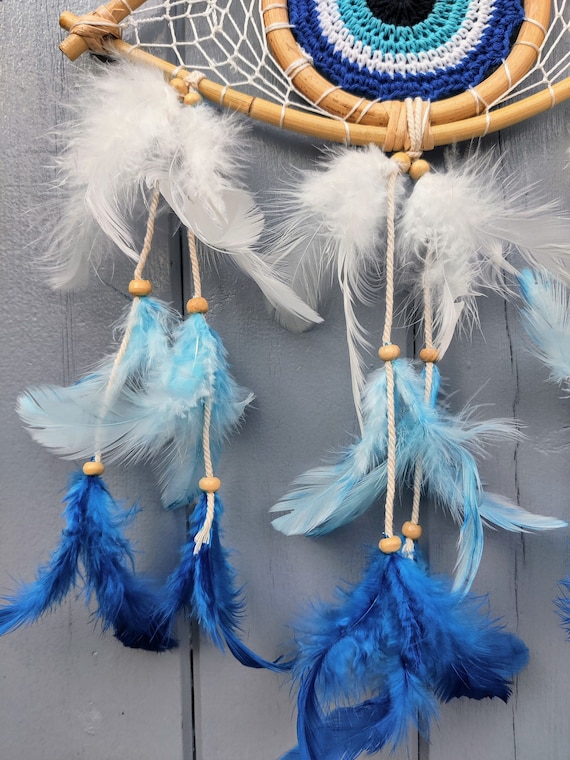 Evil Eye Dreamcatcher, Rattan and Crochet, Blue Feathers Turkish