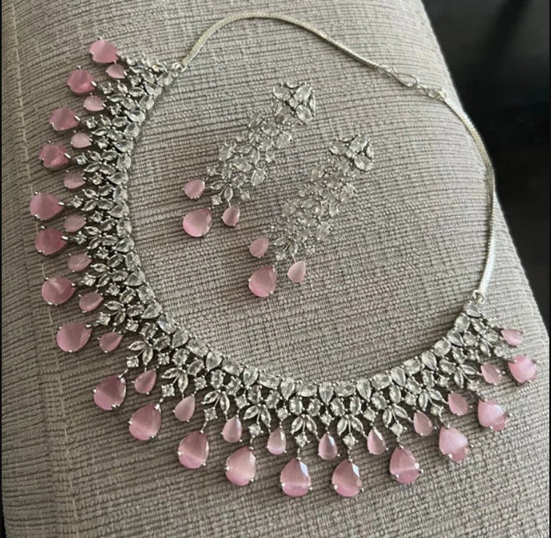 Pink CZ Diamonds Necklace Set With Earrings Sparkling Jewelry 