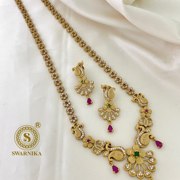 Premium South Indian Long Haram Jewelry Set ,Gold Necklace Set ,Indian Beads Rudy Emerald long Necklace Wedding For Women | Peacock Earrings