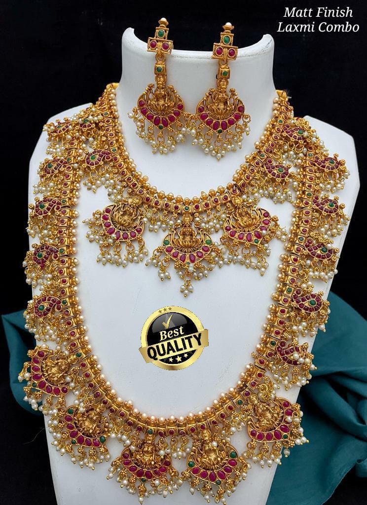 Antique Matte Finish Double Necklace Set With Earrings Long
