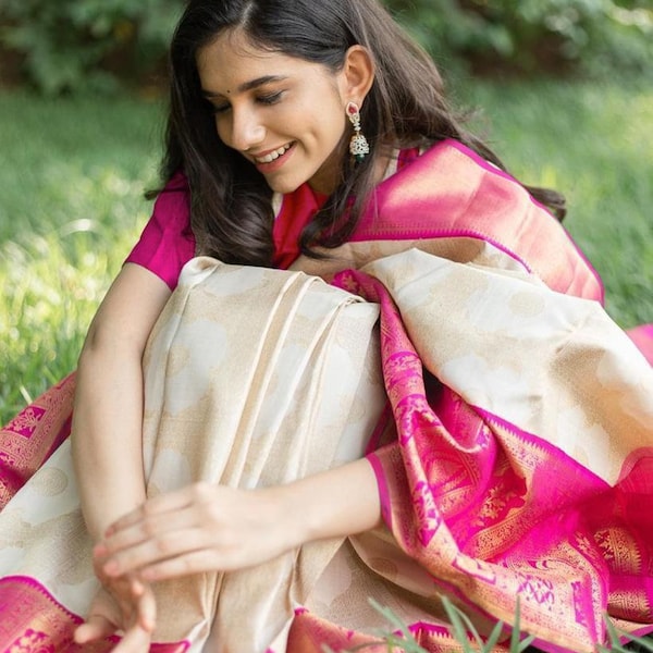 Off White Silk Saree With Embroidered Blouse main image 1