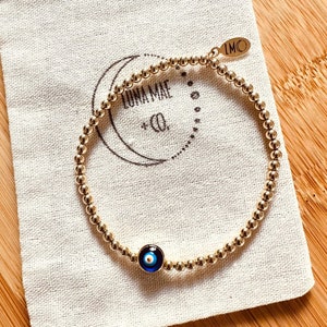 One Custom Evil Eye Blue Charm and Gold Filled Bead Bracelet | Greek Jewelry | Bracelet Stack | Friendship Bracelet | Protection | Gift