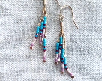 Beaded Earrings | Miyuki Delica and Gold Filled Dangle Boho Style Fringe Earrings, Turquoise and Pink, Holiday Gift