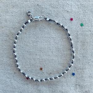 Sterling Silver Bead and Cord Bracelet | Silver Round Bead on Gray Knotted Silk Cord Bracelet  Swarovski Crystal charm | Everyday Jewelry