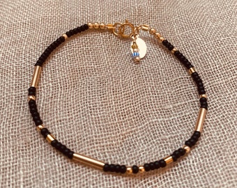 Gold and Black Beaded Bracelet | Gold Filled | Gold Bar Beads | Czech Seed Beads | Gift for Women, Everyday Boho Jewelry
