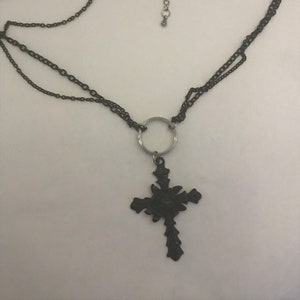 Gothic Black Cross with Rose Necklace, Stainless Steel Pendant and Chain