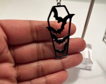 Stainless steel coffin earrings with bats