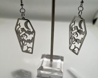 Stainless Steel coffin earrings with bat and moon