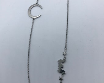 Stainless Steel Asymmetrical Necklace, Moon, Bat, Stars