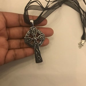 Stainless Steel Celtic Cross on Black Cord and Organza Choker, Stainless Steel Necklace