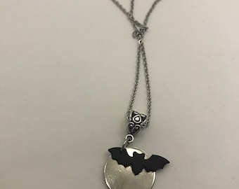 Stainless Steel Bat in Full Moon pendant, Gothic Pendant