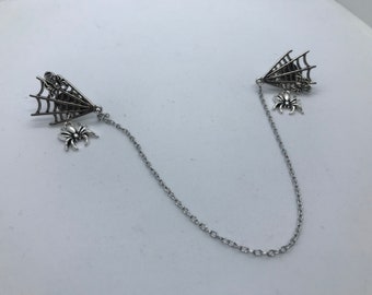 Spider Web Collar pins with Dangling Spider, Triangular shape