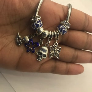 Puede incluir: Un brazalete de plata con dijes de cristal azul y transparente, incluyendo un dije de calavera, mariposa y flor.