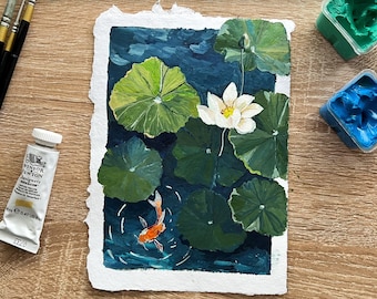 Original Gouache Lotus and Koi Fish Painting: Zen Nature Art