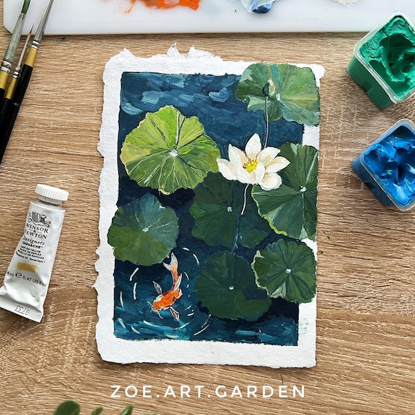 Original Gouache painting- Zen series No1- Lotus art- Koi fish art- Nature Art- Floral Painting - Botanical art