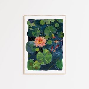 Lotus Pond Art Print: Gouache Koi Illustration, Calming Botanical Wall Art
