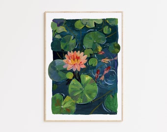 Lotus Pond Art Print: Gouache Koi Illustration, Calming Botanical Wall Art