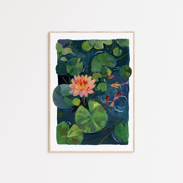 Lotus Pond Study I- Art d’illustration - Art du Lotus- Peinture Gouache- Décoration de chambre à coucher- Peinture Koi- Impression d’art mural- Tirages d’art- Art cadeau