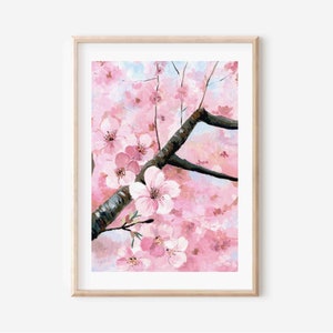 Pink Cherry Blossom Gouache Art Print: Spring Floral Wall Decor