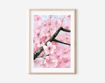 Pink Cherry Blossom Gouache Art Print: Spring Floral Wall Decor