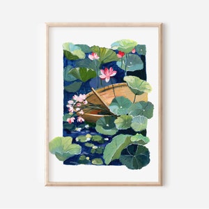 Lotus Flower Boat Art Print: Zen Gouache Painting (Digital Download)