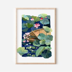 The Flower Boat - Zen series No.4- Illustration art- Gouache painting - Lotus art- Koi fish art-Nature Art- Living room Wall Art- Art Gift