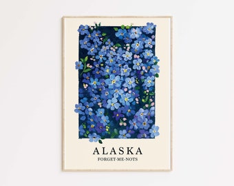 Alaska State Flower- Forget me not art- Blue flowers- Gouache painting- Bedroom decor- Flower art print- Wall Art Print- Flower illustration