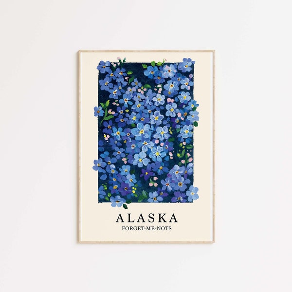 Alaska State Flower- Forget me not art- Blue flowers- Gouache painting- Bedroom decor- Flower art print- Wall Art Print- Flower illustration