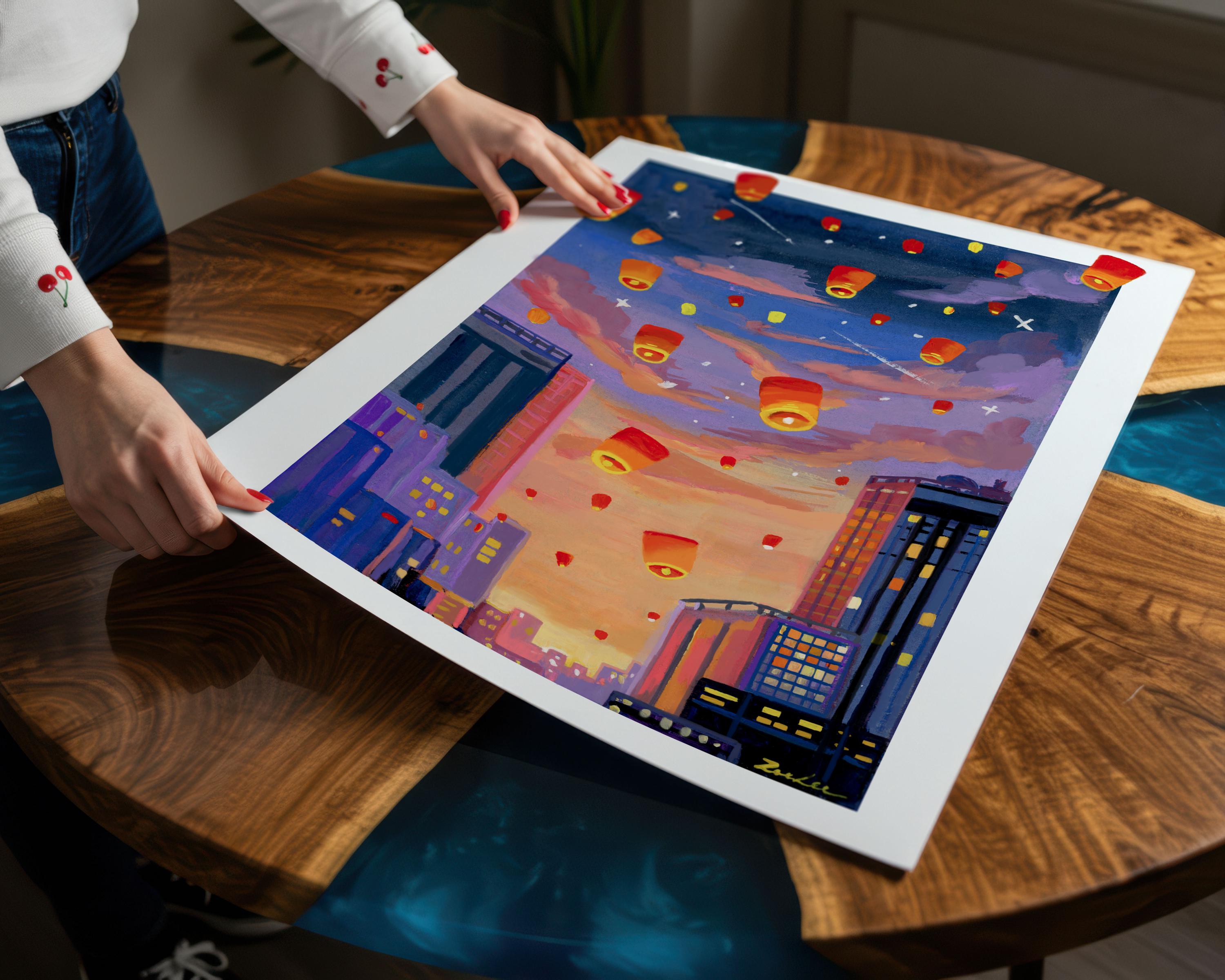 灯籠流しアートプリント：夕焼け空、アジアの風景画 - Etsy 日本