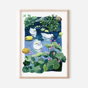 Duckies and Lilies- Gouache art print - Water lily & Lotus art- Duck illustration- Water lily- Nature Art- Floral Painting - Wall art prints