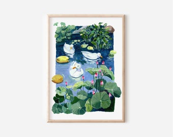 Duckies and Lilies- Gouache art print - Water lily & Lotus art- Duck illustration- Water lily- Nature Art- Floral Painting - Wall art prints