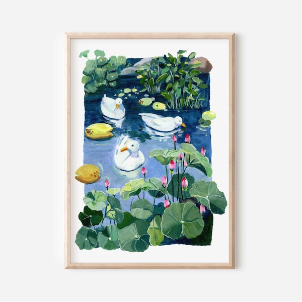 Duckies and Lilies- Gouache art print - Water lily & Lotus art- Duck illustration- Water lily- Nature Art- Floral Painting - Wall art prints