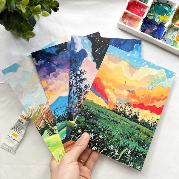 5x7 postcard - Set Colorful Sky -Illustration Painting - Gouache art - Cloudscape Art- 5x7 Small Prints- Small wall decor