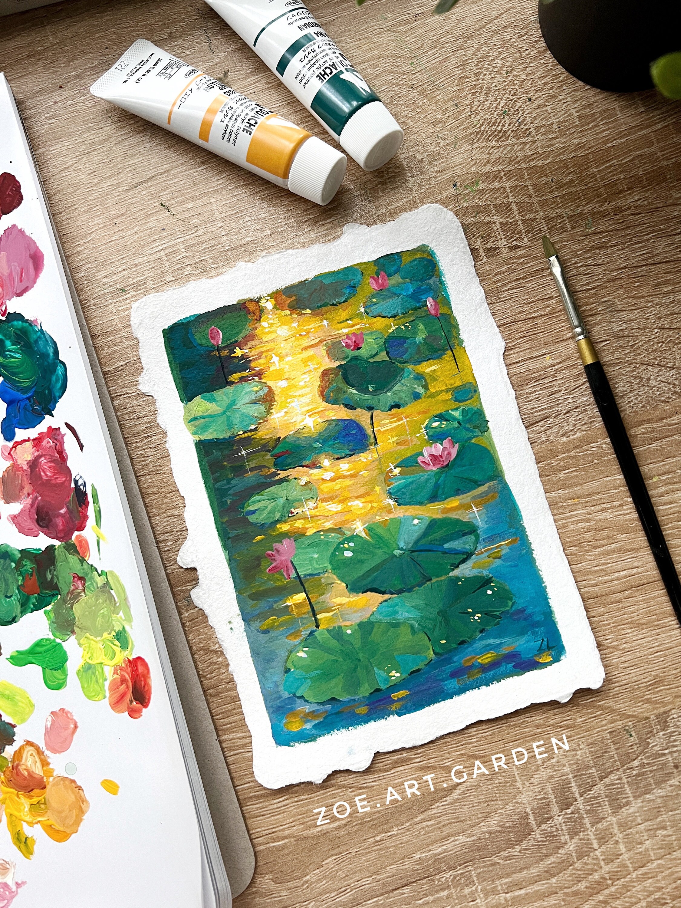 オリジナルグアッシュ睡蓮絵画：夕焼けの池のアート（5 x 7インチ