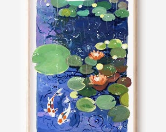 Water Lily Print: Serene Koi Fish Pond Wall Art for Nature Lovers
