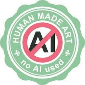 A green, scalloped-edge circular sticker with text "HUMAN MADE ART" and "no AI used" around a red circle with a diagonal line through the letters "AI".