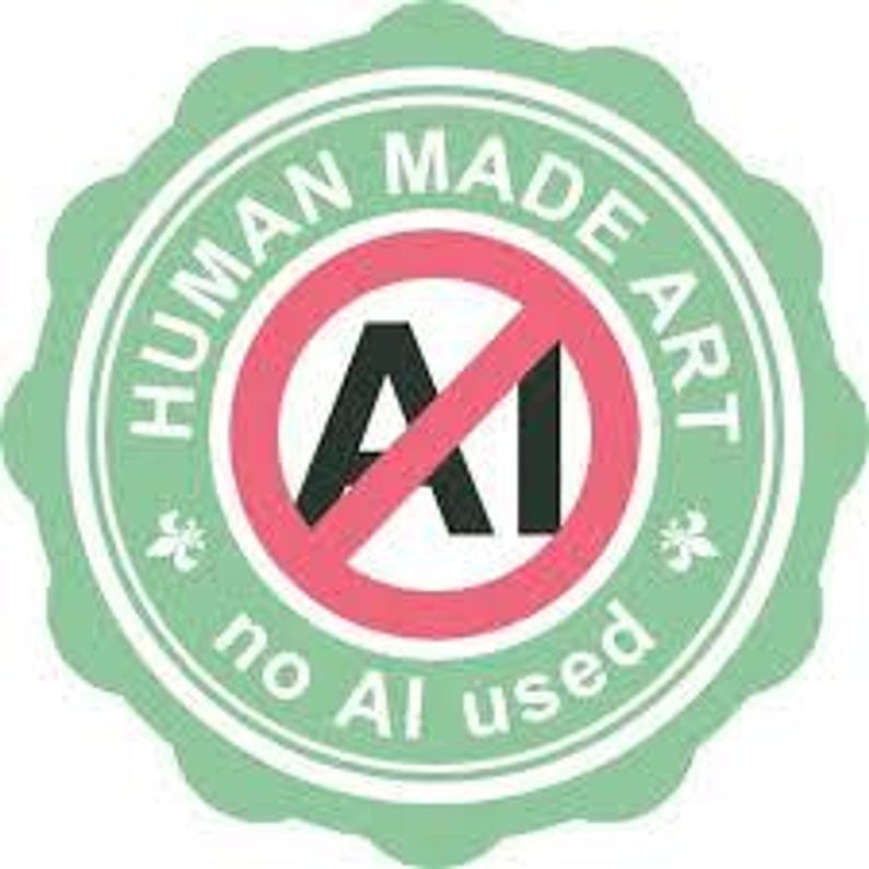 A green, scalloped-edge circular sticker with text "HUMAN MADE ART" and "no AI used" around a red circle with a diagonal line through the letters "AI".