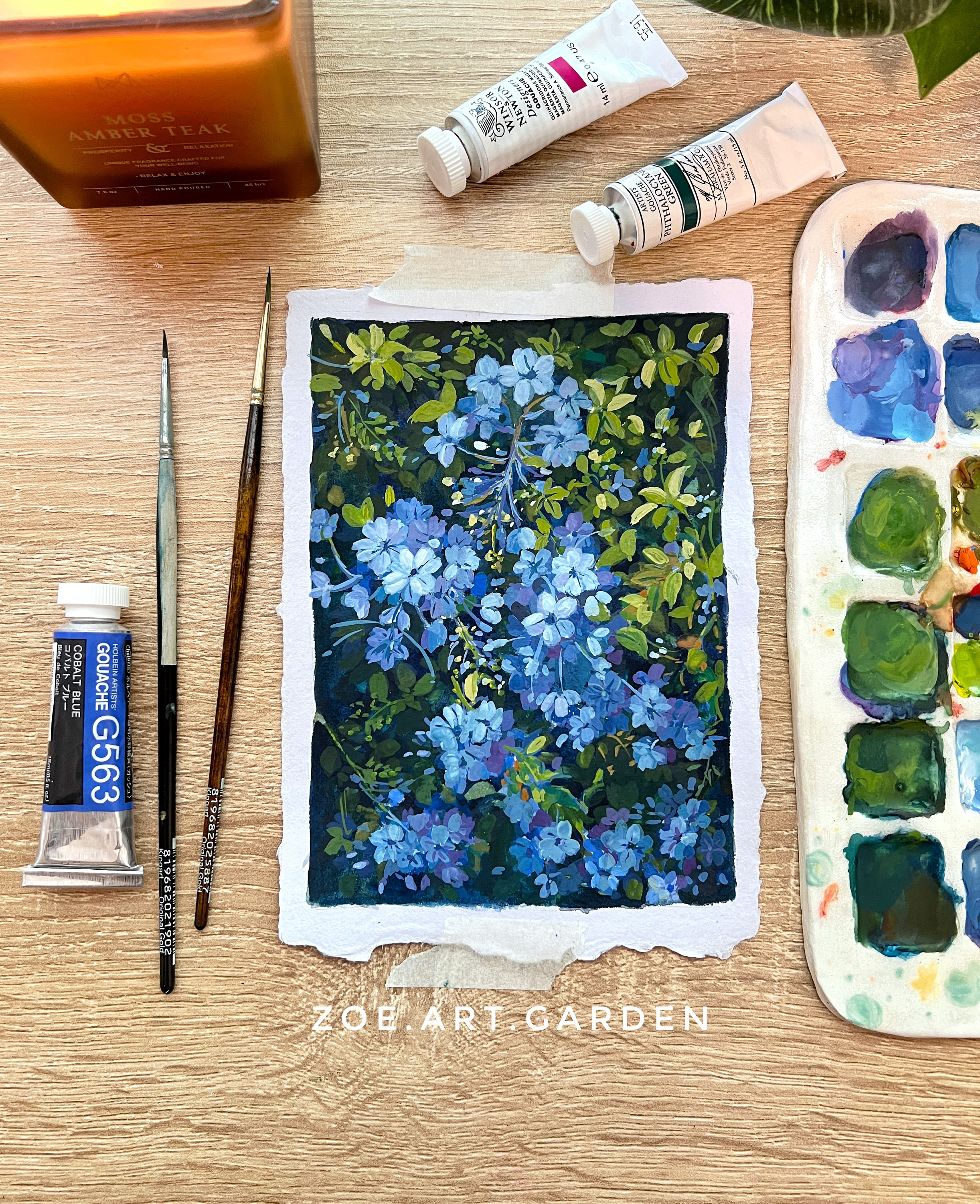 ヨシノウゴマのグワッシュ絵画：手漉き紙に描かれた花の庭の壁画