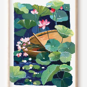 Lotus Boat Painting Digital Download: Zen Gouache Art Print