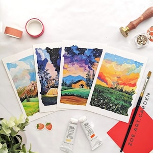 Bunte Wolken Postkarten Set von 4 - Gouache Kunst Mini Drucke 10x15cm - Kleine Wand Kunst - Einzigartiges Kunst Geschenk