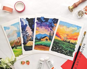 Postcards- Postcard set of 4- Colorful Clouds - Gouache art - Postcard Art- 4x6" Small art prints- Mini art prints- Small wall art- Art gift