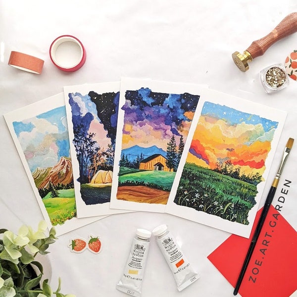 Postcards- Postcard set of 4- Colorful Clouds - Gouache art - Postcard Art- 4x6" Small art prints- Mini art prints- Small wall art- Art gift