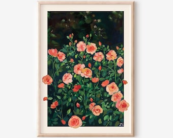 Lámina artística de pintura al gouache de rosas florales: ilustración de flores de jardín botánico