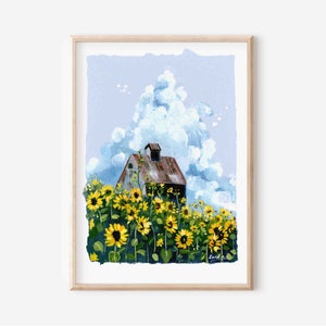 Sunflowers & Clouds Wall Art Print- Sunflower Art- Cloudscape Illustration- Floral Wall Art- Cozy Nature Art Print- Ghibli Inspired Art
